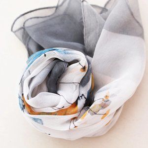 Soft Chiffon Poly Long Wrap Scarf / Grey, Blue and Yellow Floral Wrap